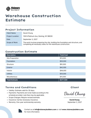 Free  Template: Warehouse Construction Estimate Template