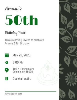 Free  Template: Invitation à un 50e anniversaire en blanc et vert, moderne et minimaliste, avec des feuilles