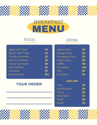 Free  Template: قائمة الإفطار الحديثة باللونين الأزرق والأصفر البيج