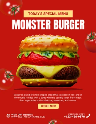 Free  Template: Flyer Monster Burger Menu Spécial Moderne Rouge