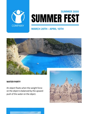 Free  Template: Blanco y azul Minimalista Boletín de eventos de verano