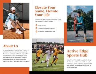 Free  Template: Folheto esportivo com três dobras simples, limpo, branco e laranja