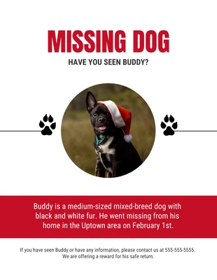 Free  Template: Volante blanco y rojo sobre la desaparición de un perro