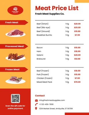 premium interactive Template: Modelo de lista de preços de carne