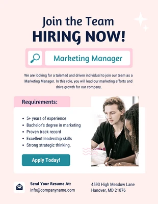 Free  Template: Cartaz de contratação de gerente de marketing em rosa pastel