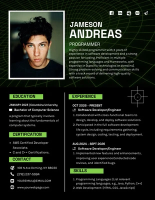 Free  Template: Black and Green Programmer Tech Resume