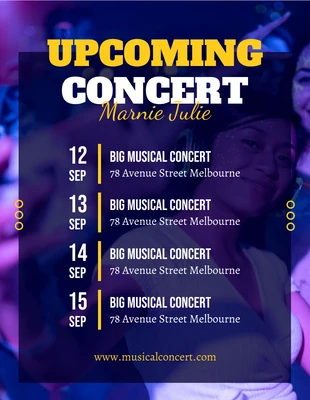 Free  Template: Plantilla de calendario de próximos conciertos en color púrpura