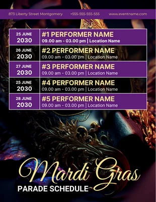 Free  Template: Moden noir et violet Elegant Mardi Gras Parade Schedule Template