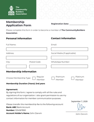 Free  Template: Graues und grünes einfaches Antragsformular für die Mitgliedschaft