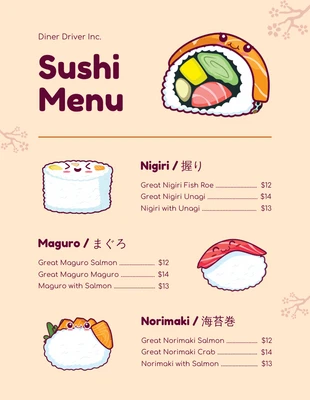Free  Template: Cremefarbenes Illustrations-Food-Truck-Sushi-Menü