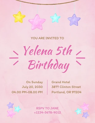 Free  Template: Invito di compleanno per principessa con illustrazione di stelle colorate rosa