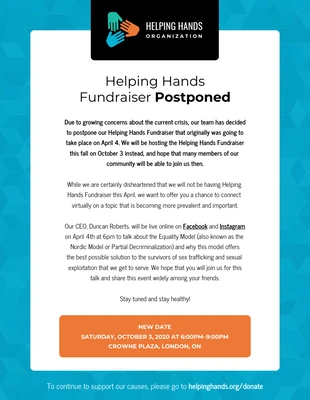 Free  Template: Boletim informativo por e-mail sobre eventos de arrecadação de fundos cancelados