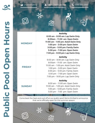 Free  Template: Plantilla de horario de apertura de piscinas públicas