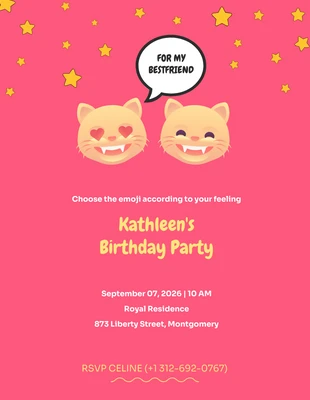 Free  Template: Invitación de cumpleaños Emoji Gatos y Estrellas Rosa