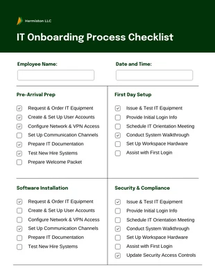 Free interactive Template: Lista de verificação do processo de integração de TI