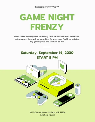 Free  Template: Carta de invitación para la noche de juegos en blanco y verde neón