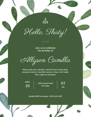 Free  Template: White and Green Watercolor 30th Birthday Invitations