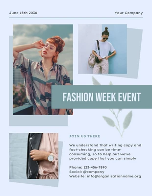 Free  Template: Azul claro e verde sálvia Estética moderna Boletim de eventos da semana de moda