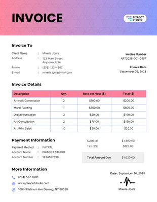 premium  Template: Blue and Pink Simple Artist Invoice