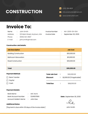 premium  Template: Black and Yellow Simple Construction Invoice