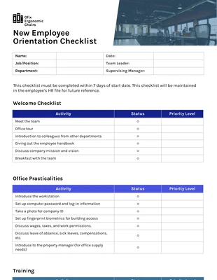 Free  Template: Lista de verificação azul para orientação de novos funcionários