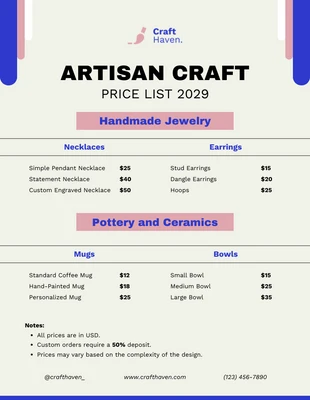 Free  Template: Modèle de liste de prix pour l'artisanat