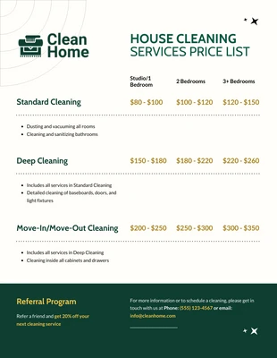 business Template: House Cleaning Services Price List Template