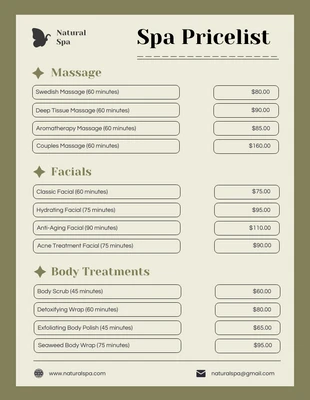 Free  Template: Cream and Green SPA Price Lists