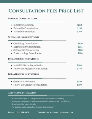 Free  Template: Modèle de liste de prix des honoraires de consultation