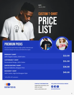 premium  Template: Plantilla de lista de precios de camisetas personalizadas