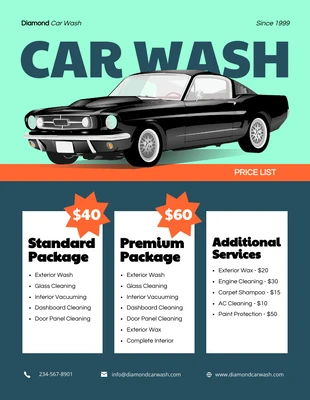 Free  Template: Liste de prix de lavage de voiture rétro cyan orange