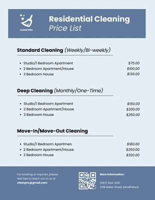 Free  Template: Listas de precios de limpieza azul simple