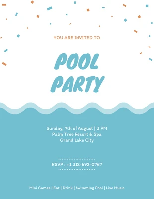 Free  Template: Invitation minimaliste à une fête de piscine avec vagues et rubans blancs et bleus