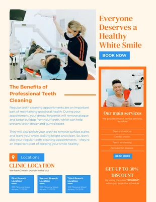 Free  Template: رسالة إخبارية لطب الأسنان باللونين البرتقالي والأزرق