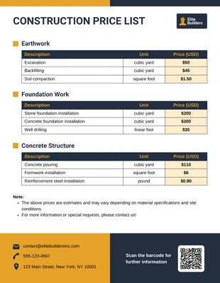 Free interactive Template: Modèle de liste de prix de construction