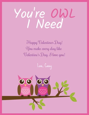 Free  Template: Pink Owl Couple Valentine's Day Card
