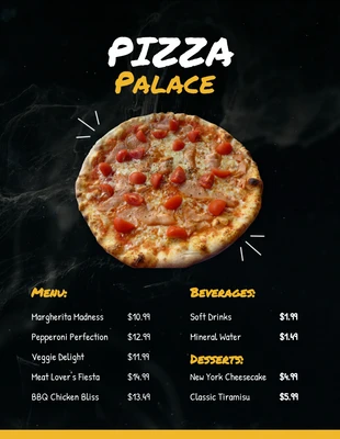 Free  Template: قائمة بيتزا ذات نسيج بسيط باللونين الأسود والأصفر