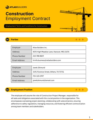 Free  Template: Construction Employment Contract Template