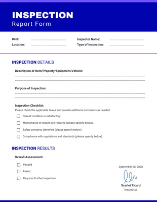 Free  Template: Formularios de inspección limpios de color azul y morado
