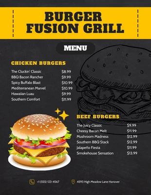 business  Template: Menu de hambúrguer com textura moderna preta e amarela