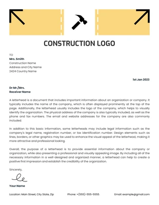 Free  Template: White And Yellow Simple Professional Construction Letterhead Template