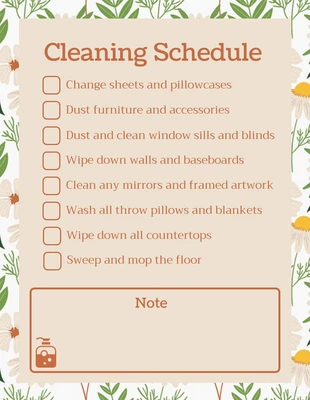 Free  Template: White And Light Brown Minimalist Floral Pattern Cleaning Schedule Template