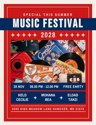 Free  Template: Affiche du festival de musique vintage classique rouge et marine