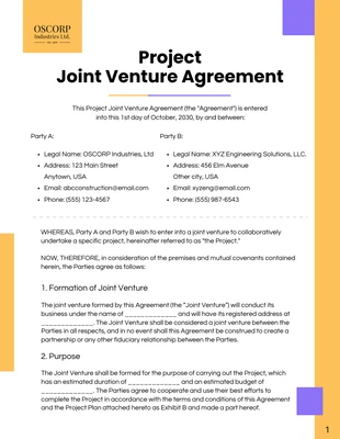 premium  Template: Joint Venture-Vereinbarung zum Projekt Purple und Orange Clean
