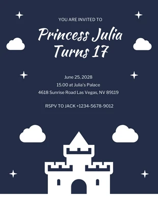 Free  Template: Convite para castelo de princesa em azul-marinho e branco com ilustração lúdica minimalista