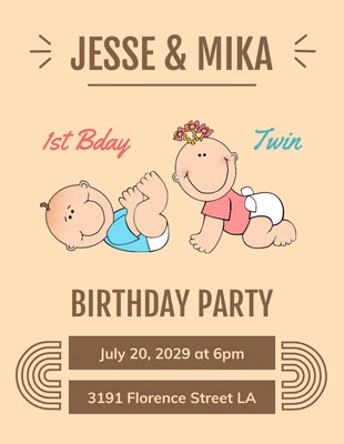 Free  Template: Bonita ilustración marrón Invitación fiesta 1er cumpleaños bebé
