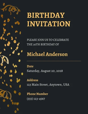 Free  Template: Convites de aniversário de 30 anos em preto dourado claro