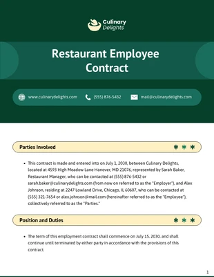 Free  Template: Restaurant Employee Contract Template