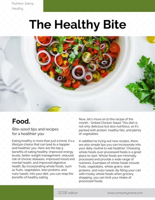 Free  Template: Simple Green and White Healthy Bite Newsletter (bulletin d'information sur les bouchées saines)