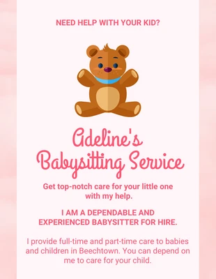 Free  Template: Flyer Servicio de niñera lindo rosa bebé
